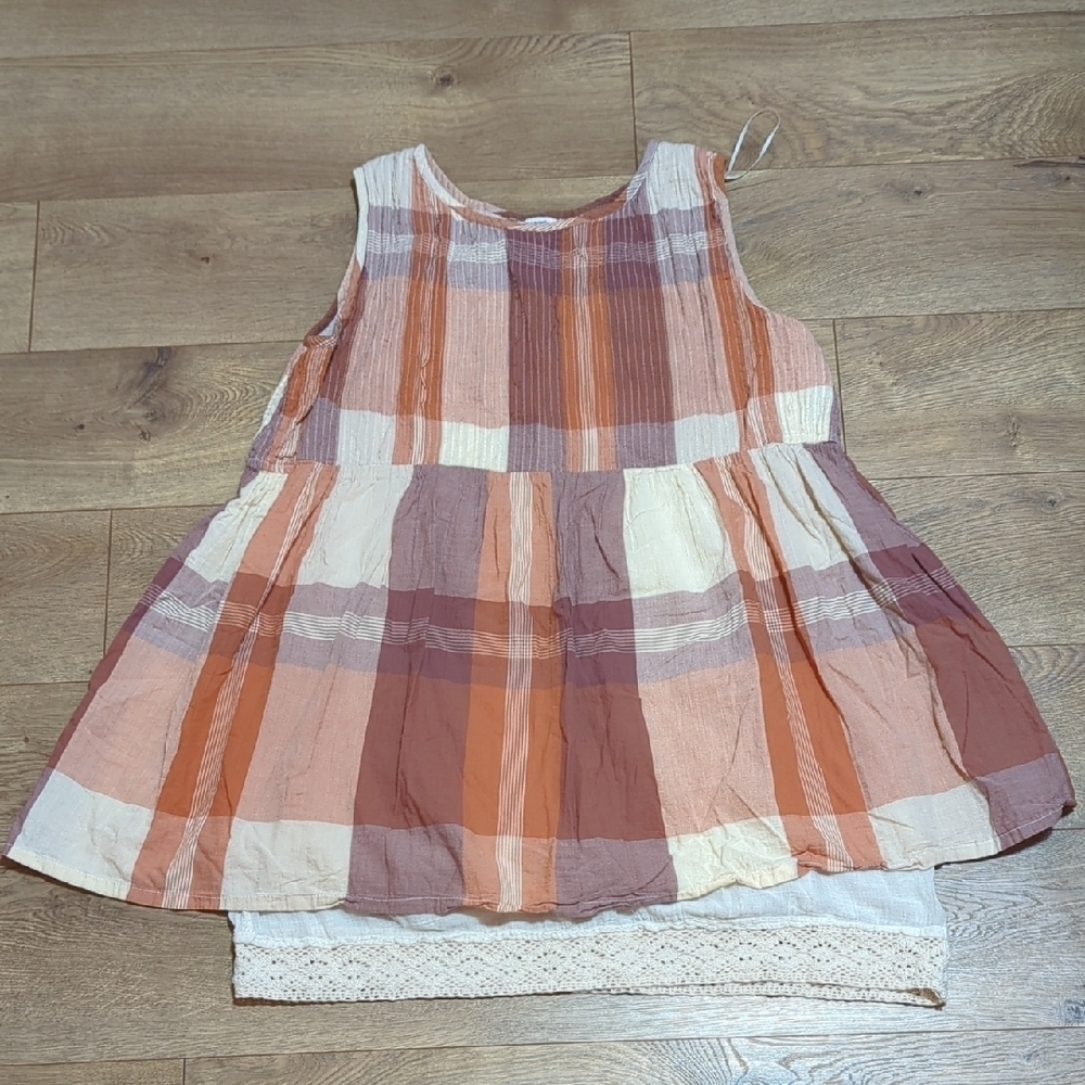 World Market Babydoll Tunic Mini Dress Crochet Bottom Boho Romatic Plaid S/M
